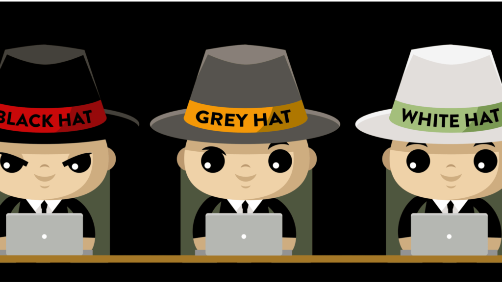 Three cartoon hackers white hacker black hat hacker and red hat hacker sitting at a desk
