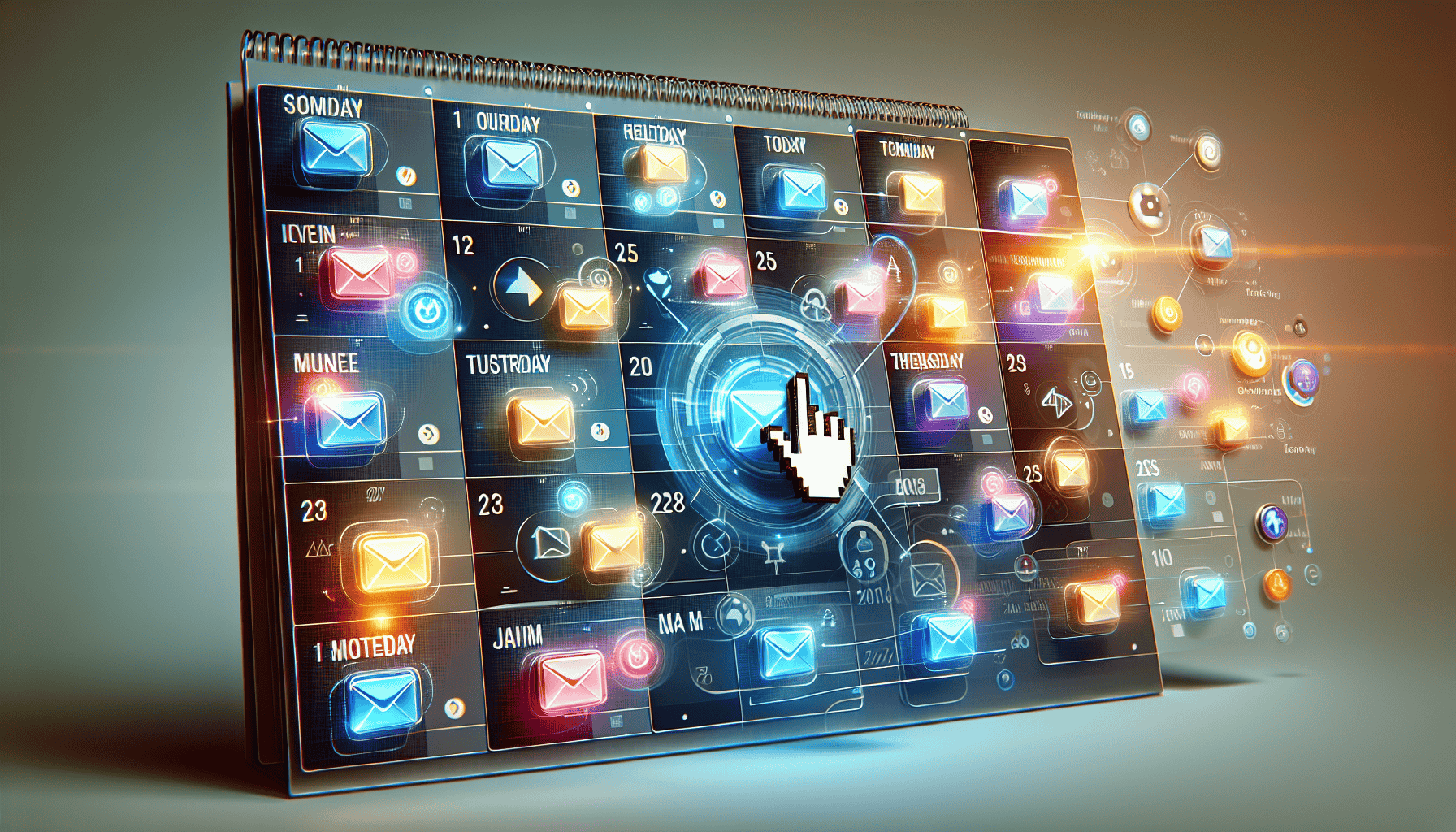 A calendar with email icons representing scheduled emails in Outlook