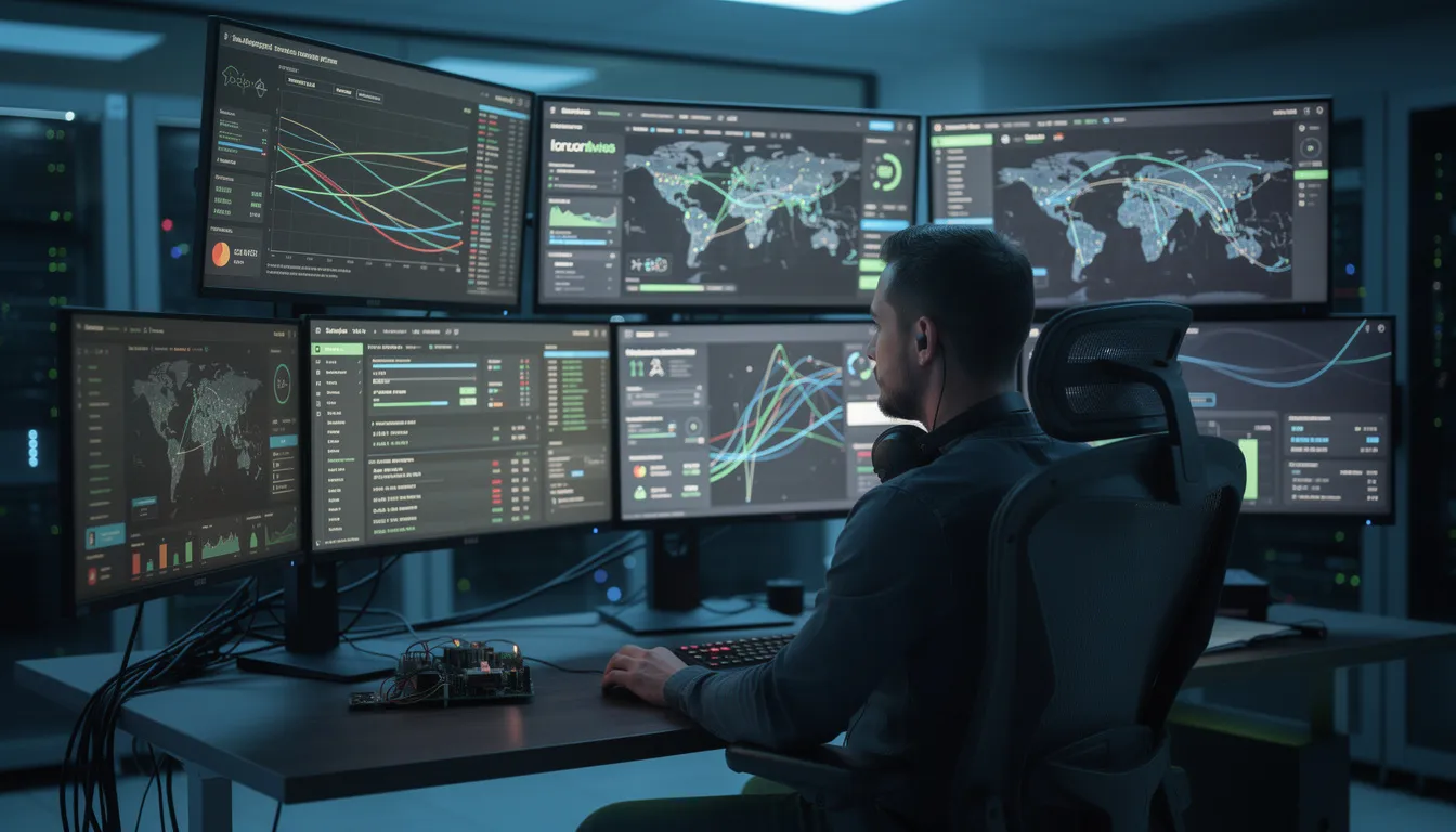 A cybersecurity analyst is focused on multiple monitoring screens that display network security data, analyzing potential vulnerabilities and security measures to protect sensitive data against cyber threats. This proactive approach is crucial for maintaining a strong security posture and preventing data breaches through regular penetration testing and vulnerability assessments.