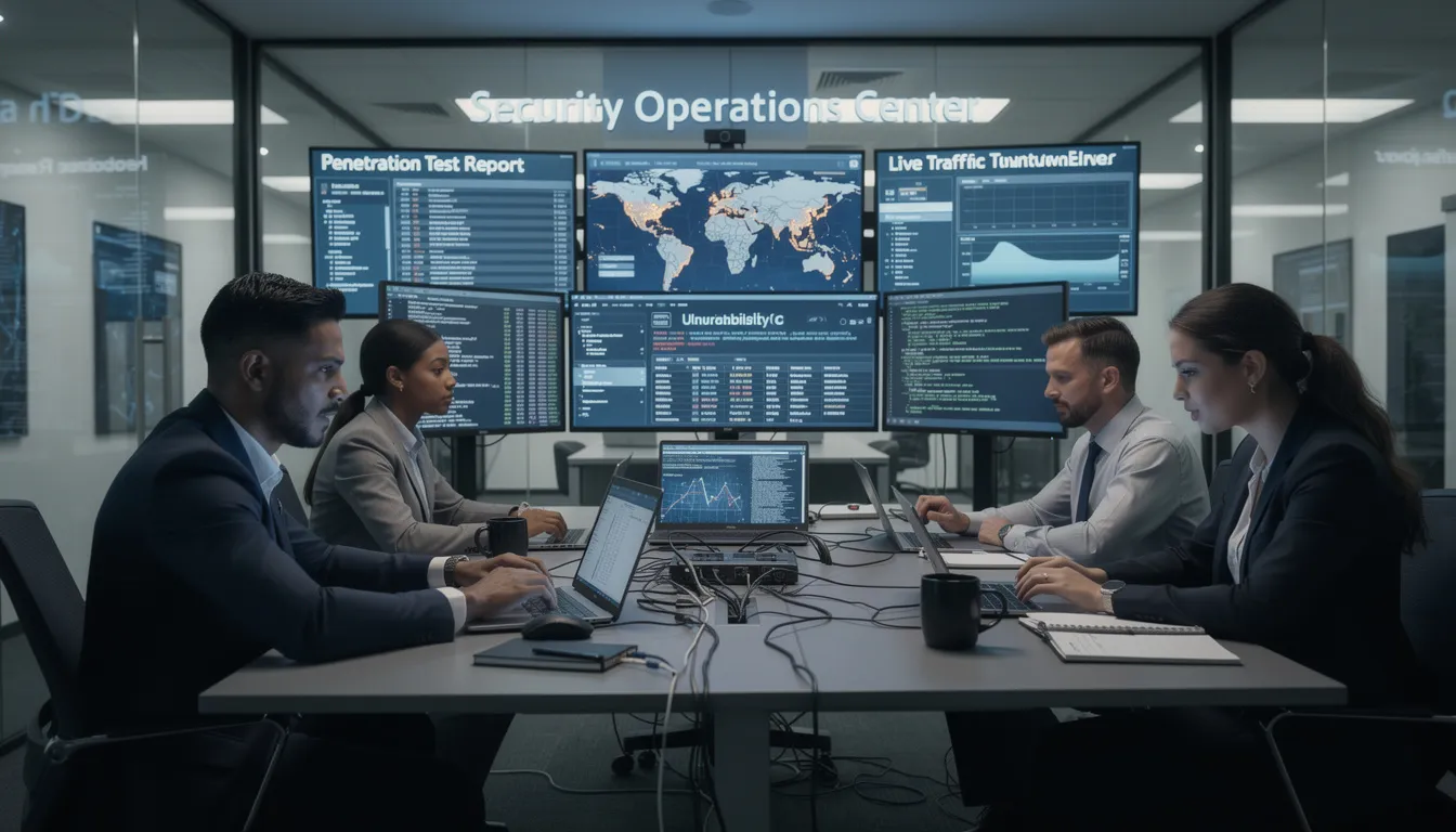 A team of security professionals is engaged in penetration testing, utilizing laptops and various analysis tools to identify potential vulnerabilities in a target system. This proactive approach is essential for uncovering security weaknesses and ensuring the protection of sensitive data against cyber threats.