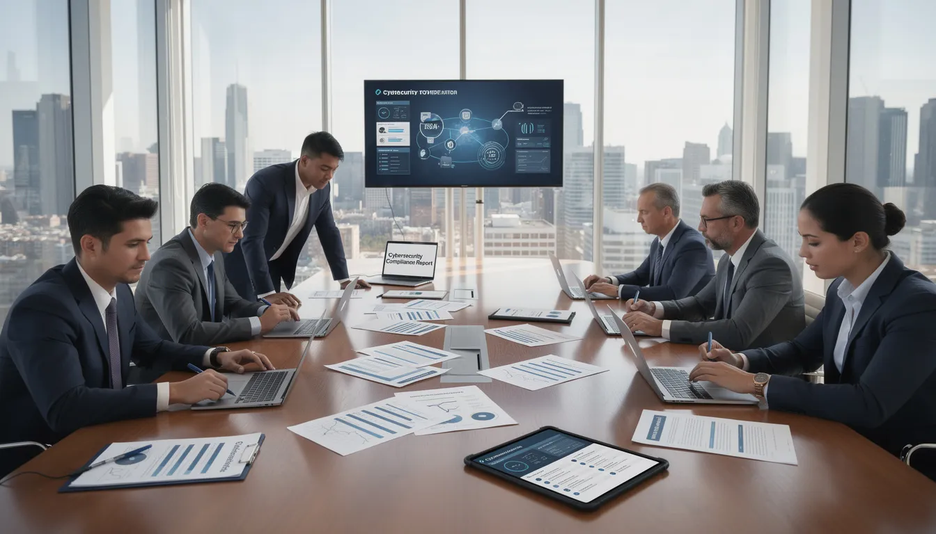 In a modern conference room, business executives are engaged in a discussion while reviewing cybersecurity compliance documentation, focusing on proactive security measures and the importance of regular penetration testing to identify vulnerabilities and enhance their security posture against potential cyber attacks. The atmosphere is serious as they assess the effectiveness of their security controls in protecting sensitive data.