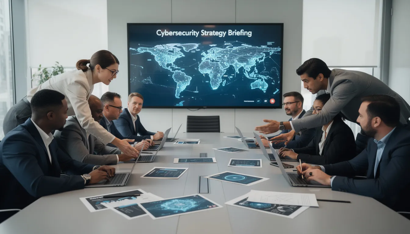 A security team is gathered around a table, actively discussing their cybersecurity strategy while using laptops and reviewing documents. This meeting emphasizes the importance of penetration testing to identify vulnerabilities and strengthen their security posture against potential cyber threats and data breaches.