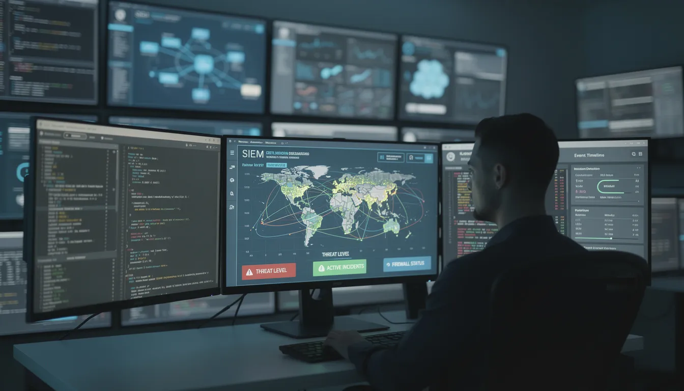 A cybersecurity professional is intently monitoring a network security dashboard displayed on multiple screens, which showcase various metrics and alerts related to security vulnerabilities and potential cyber threats. This proactive approach is crucial for identifying weaknesses and ensuring the security posture of the organization through regular penetration testing and effective security measures.